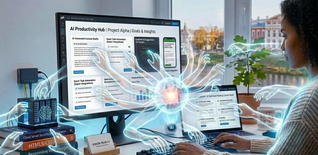 A female professional working at her desk, assisted by a glowing, translucent AI entity with dozens of hands multi-tasking across screens, server hardware, and books, representing AI and productivity tools