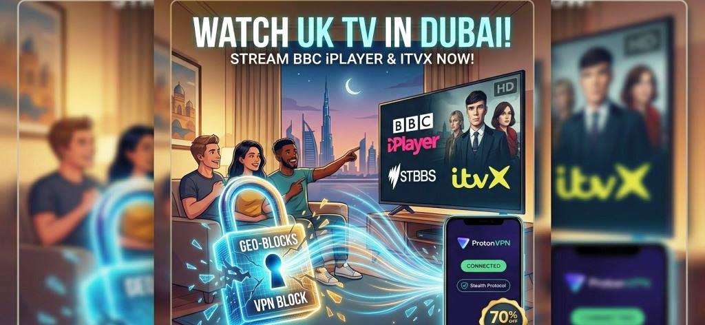 Call-to-action banner showing friends unblocking BBC iPlayer and ITVX in Dubai using Proton VPN on a smartphone.