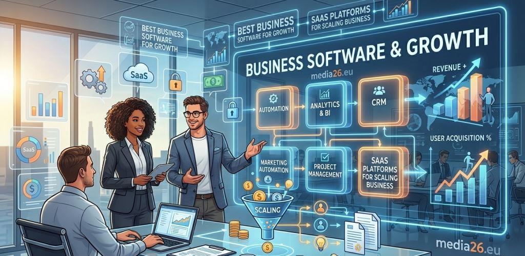 A modern corporate graphic featuring the text 'Business Software & Growth' alongside digital interface icons representing automation, analytics, and scaling.