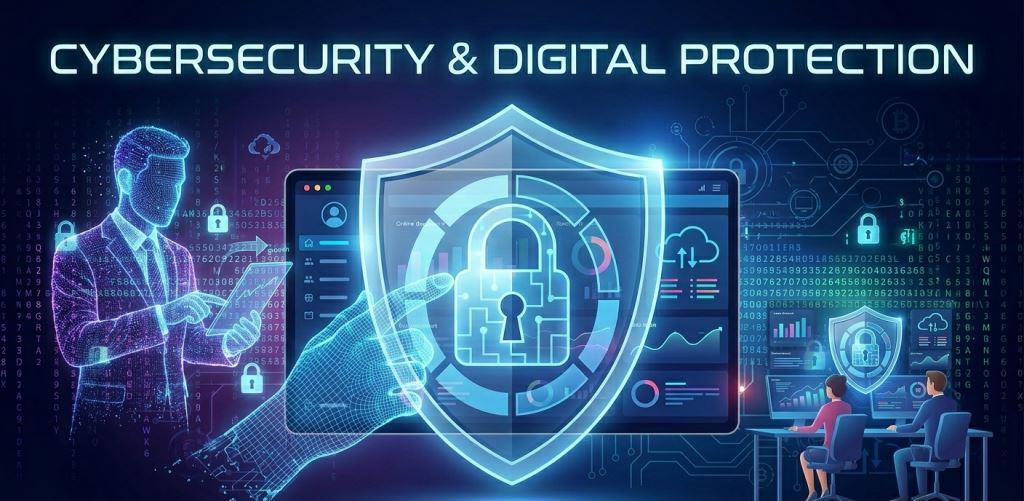 A high-tech digital shield protecting an online business interface, with cyber security matrix codes, padlocks, and network data streams in the background.