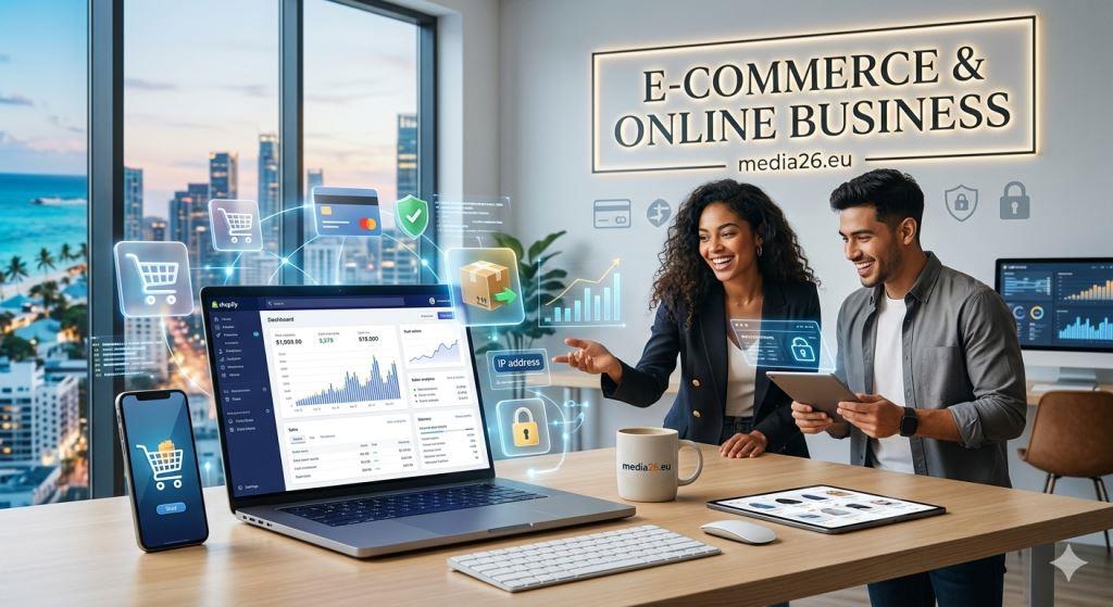 A professional business graphic featuring the text 'E-commerce & Online Business' with digital shopping cart icons and financial growth charts in the background.