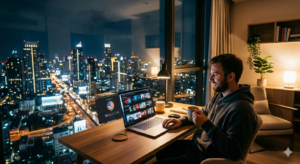 A digital nomad using a laptop on a modern balcony overlooking the Bangkok city skyline, displaying a VPN connection dashboard with a US flag icon.