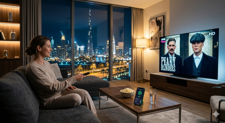 Woman in Dubai streaming British TV 'Peaky Blinders' via Proton VPN connected to UK server in luxury apartment