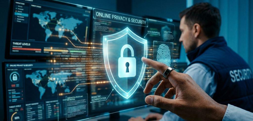 High-tech cybersecurity control room with screens displaying global maps, biometric data, and a glowing shield hologram representing online-privacy-&-security-in-europian-countrys.