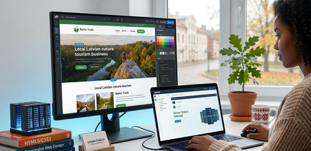 A female developer working on a laptop and large monitor, creating a website called "Baltic Trails" next to a mini server rack, coding books, and a business card for creste.host.lv, representing website creation and hosting.