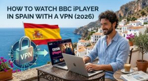 Home 46 Laptop showing BBC iPlayer on a sunny Spanish terrace with the Spain flag and a secure VPN icon in the background.