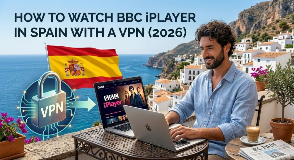 Laptop showing BBC iPlayer on a sunny Spanish terrace with the Spain flag and a secure VPN icon in the background.