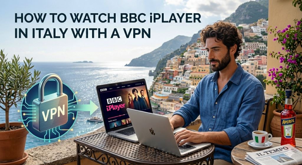 A man using a laptop to watch BBC iPlayer via a VPN on a terrace in Italy with the Amalfi coast in the background