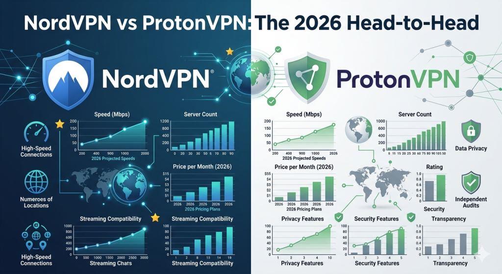 A side-by-side comparison infographic between NordVPN and ProtonVPN for 2026, featuring charts for speed, server count, and pricing.A side-by-side comparison infographic between NordVPN and ProtonVPN for 2026, featuring charts for speed, server count, and pricing.